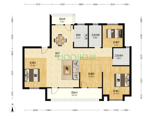 民生樾境天泽 4室1厅2卫 145平方