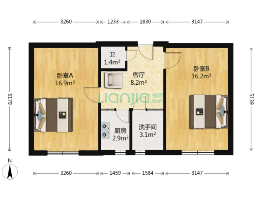 新华街 2室1厅2卫 63平方