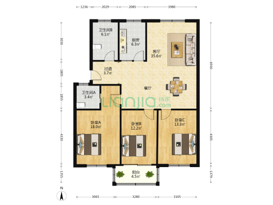 贤仕花园 3室1厅2卫 121平方