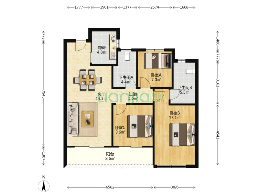 绿城江畔锦园 3室1厅2卫 102平方