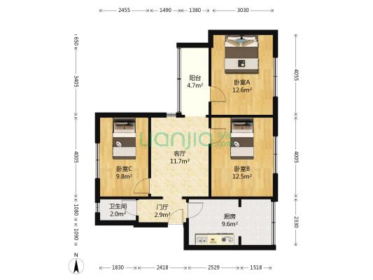 马家花园路13号 3室1厅1卫 79平方