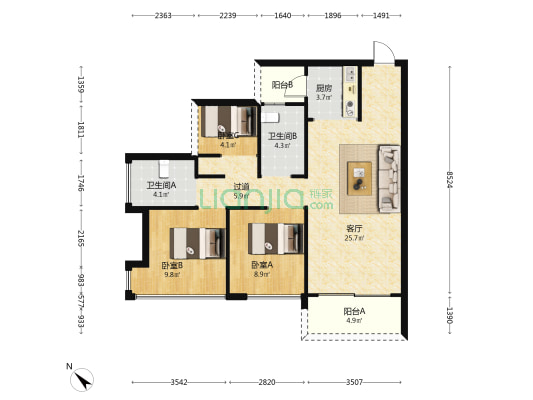 易丰云海花园 3室1厅2卫 89平方