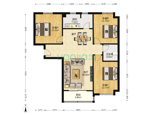 阳光豪庭 3室1厅1卫 116平方
