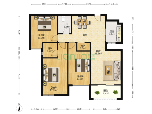 禹洲华侨城二期柳园 3室1厅1卫 117平方
