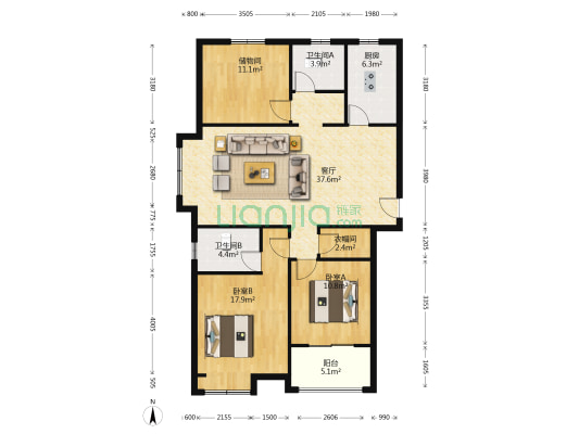 天宝盛世花园 2室1厅2卫 134平方