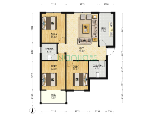 盛瑞华庭 3室1厅2卫 125平方