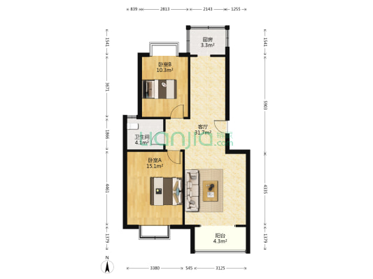 国际城郁金花苑 2室1厅1卫 87平方