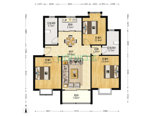 盛北花园西区 3室1厅2卫 128平方