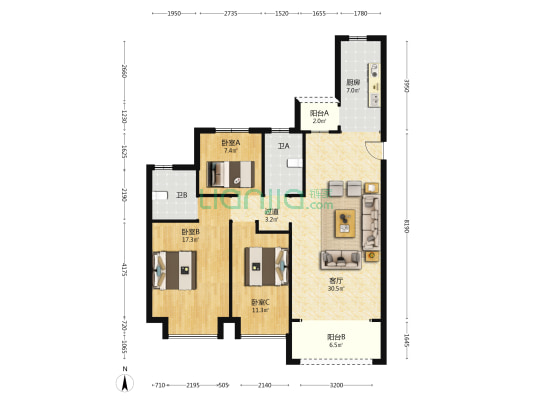 恒大逸合城三期 3室1厅2卫 124平方