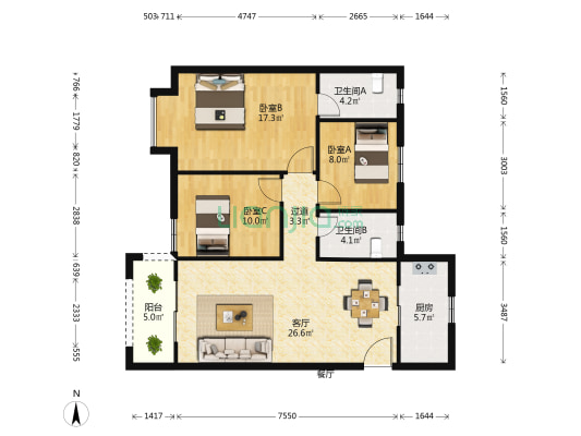 雅居乐花园5期 3室2厅2卫 115平方