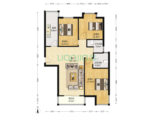尚锦城B区 3室1厅2卫 122平方
