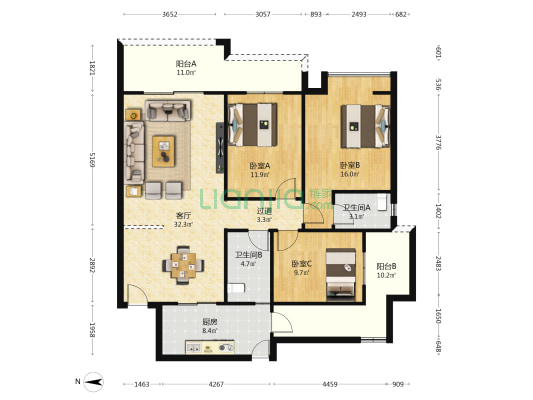 春天花园 3室1厅2卫 122平方