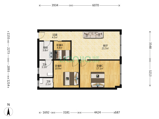 双龙大道2号附1号 3室1厅2卫 97平方