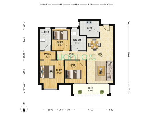 莫奈公馆A区 3室1厅2卫 100平方