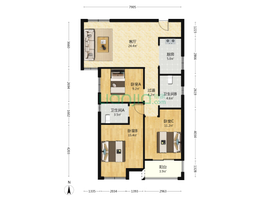 升龙城1号院 3室1厅2卫 110平方