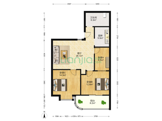 中寰广场 3室1厅1卫 119平方