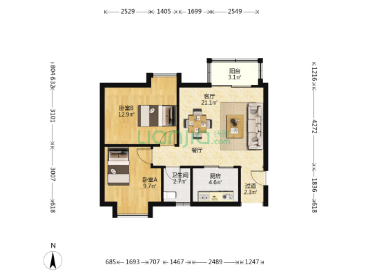 康域园绿洲 2室1厅1卫 68平方