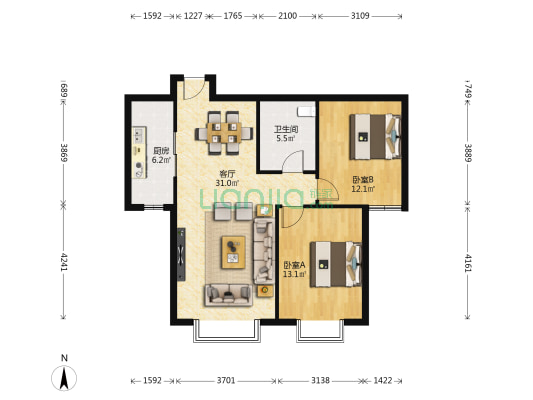 天庆国际新城A区 2室1厅1卫 98平方