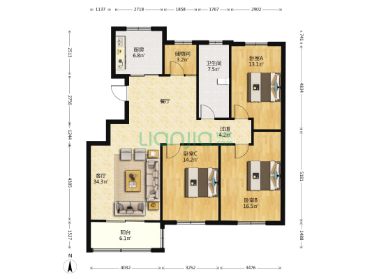 现代嘉苑 3室1厅1卫 133平方