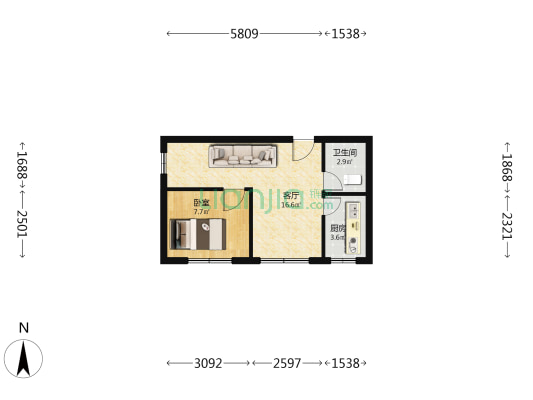 壹社中心 1室1厅1卫 42平方