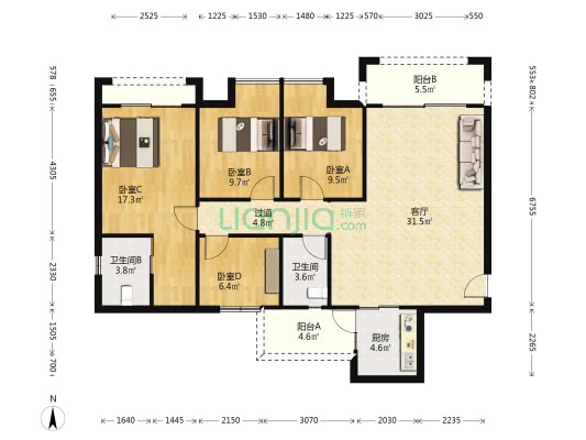 丽星名园 4室1厅2卫 122平方