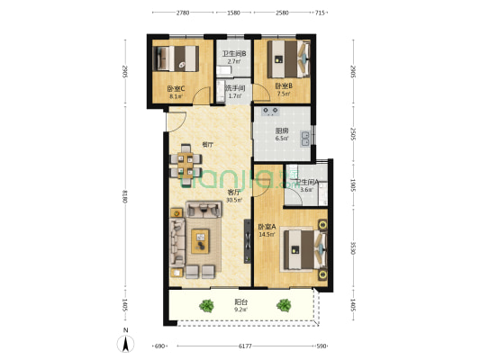 凤凰城凤宁苑 3室1厅3卫 118平方