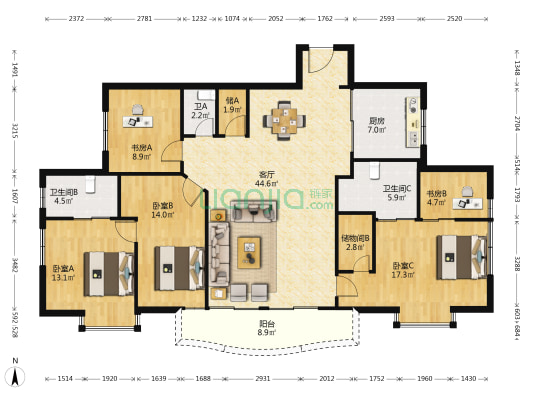 晨沐花园 5室1厅3卫 163平方