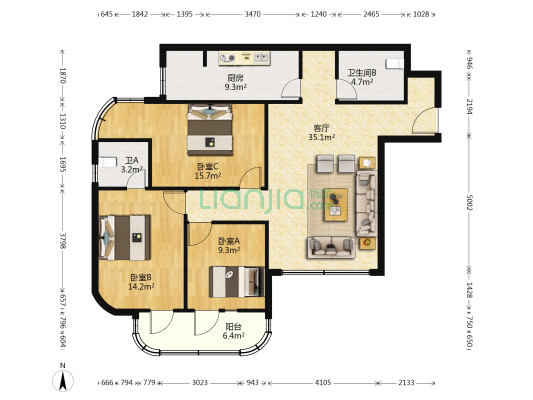 鹏欣公寓 3室1厅2卫 142平方