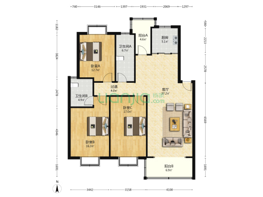 依水佳苑西区 3室1厅2卫 135平方