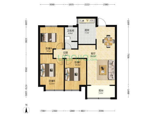 邯郸美的花溪谷 3室1厅1卫 110平方