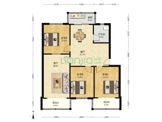 松霞小区  3室2厅1卫 106平方