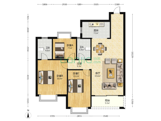 云梦小镇 3室1厅2卫 120平方
