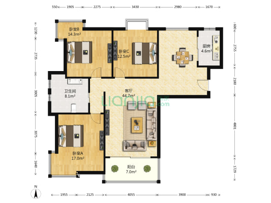 隆鑫广场 3室1厅1卫 130平方