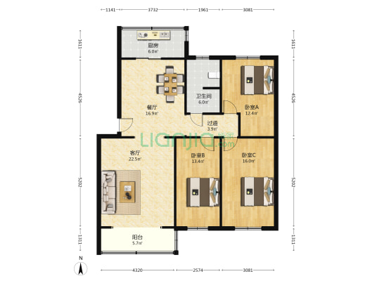 三益村 3室2厅1卫 124平方