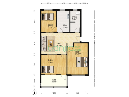 市劳动局宿舍 3室1厅1卫 93平方