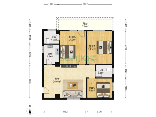 物业广场 3室1厅2卫 106平方