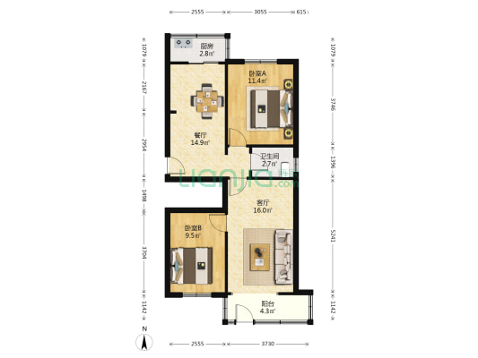 窦府巷8号院 2室2厅1卫 74平方