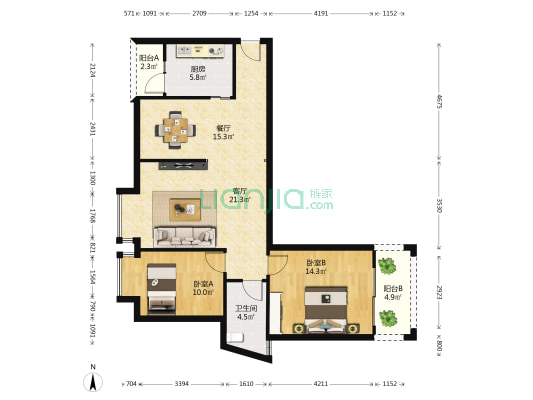 银泉一品龙湾 2室2厅1卫 97平方