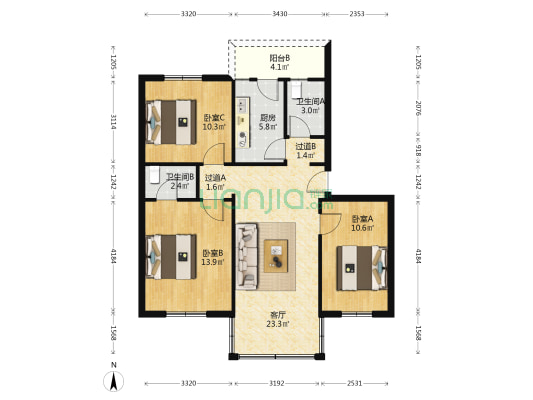 花园新村 3室1厅2卫 86平方