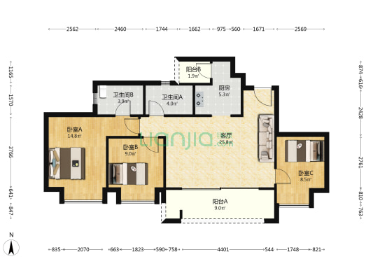 雍锦府二期 3室1厅2卫 97平方