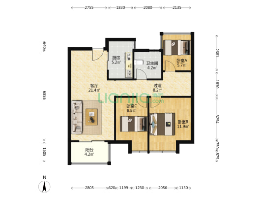 秦淮源筑 3室1厅1卫 89平方