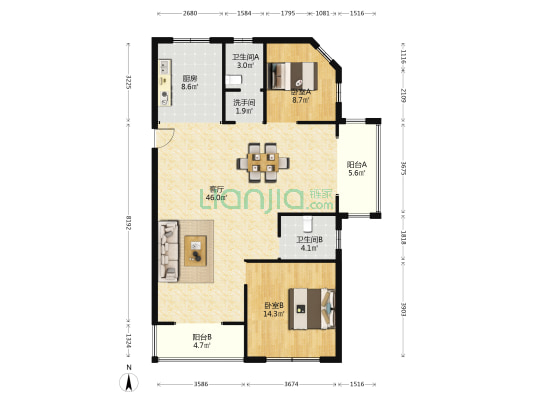 富方东方绿洲 2室1厅3卫 118平方