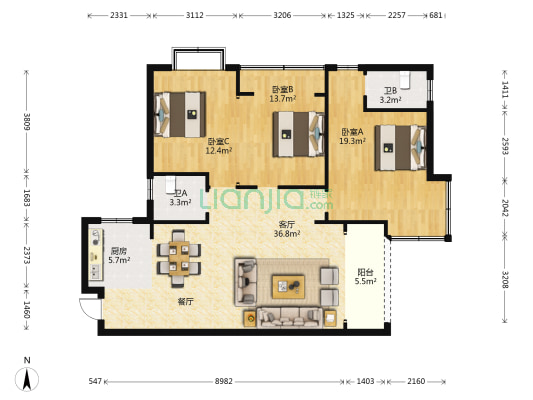 莲花雅苑 3室1厅2卫 122平方