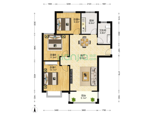 中房.馨园 3室1厅1卫 103平方