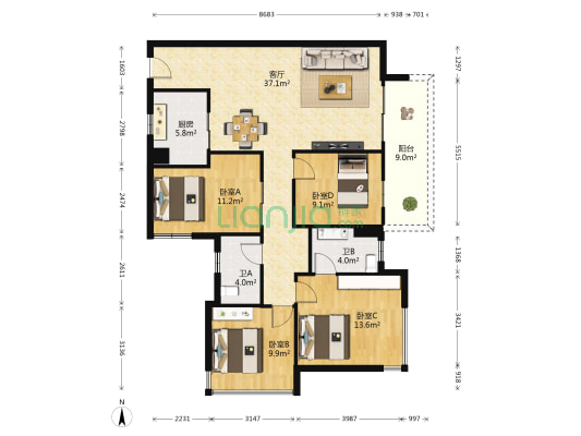 万科城北区 4室1厅2卫 126平方