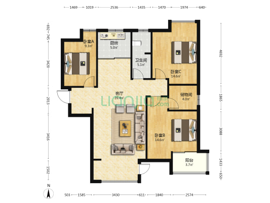 荣盛阿尔卡迪亚蓝天城 3室1厅1卫 134平方