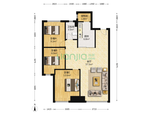 招商贝肯山三期 3室1厅1卫 107平方