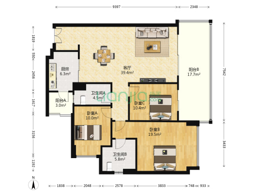 招商大魔方玺悦轩 3室1厅2卫 136平方