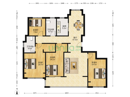 绿城招商柳岸晓风 4室1厅2卫 142平方