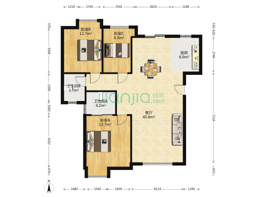 中央美地 3室1厅2卫 114平方